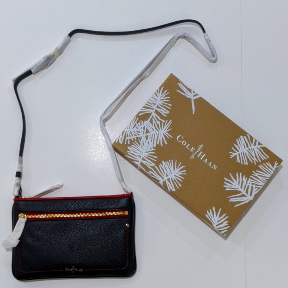 nIB Cole Haan Parker Mini Crossbody Purse, Black Leather Red Trim NEW